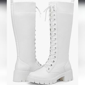 Women's White Knee-High Lace-Up Boots PU and Knit Material New